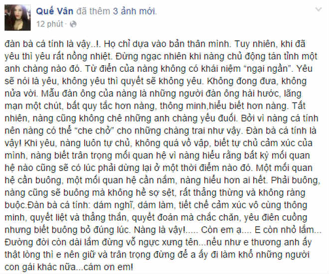 Status mới nhất của Quế Vân trên trang Facebook riêng.