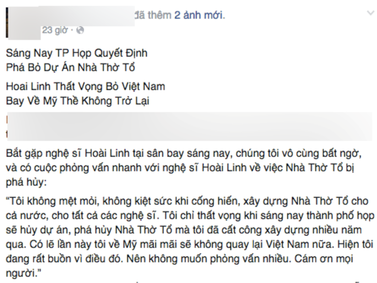 Mạng xã hội lan truyền thông tin nhà thờ tổ mà Hoài Linh dành nhiều tâm huyết có nguy cơ phải dỡ bỏ - Ảnh: Chụp màn hình.